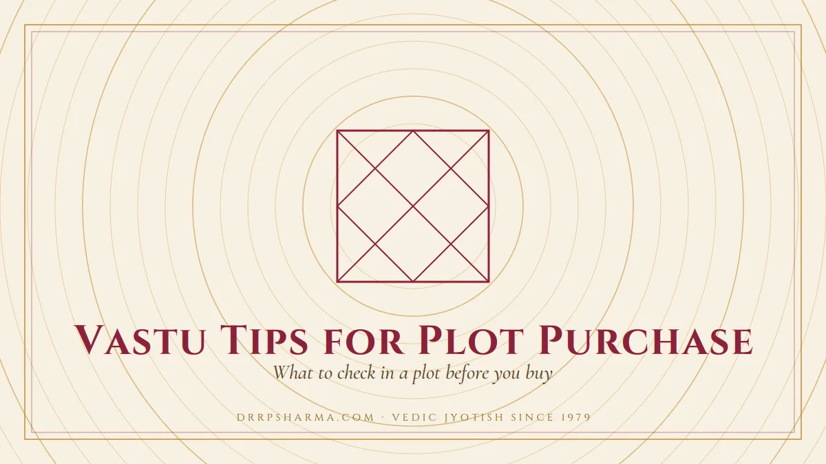 Vastu Tips for Plot Purchase — a Vedic birth-chart (kundli) diagram motif on a parchment plate