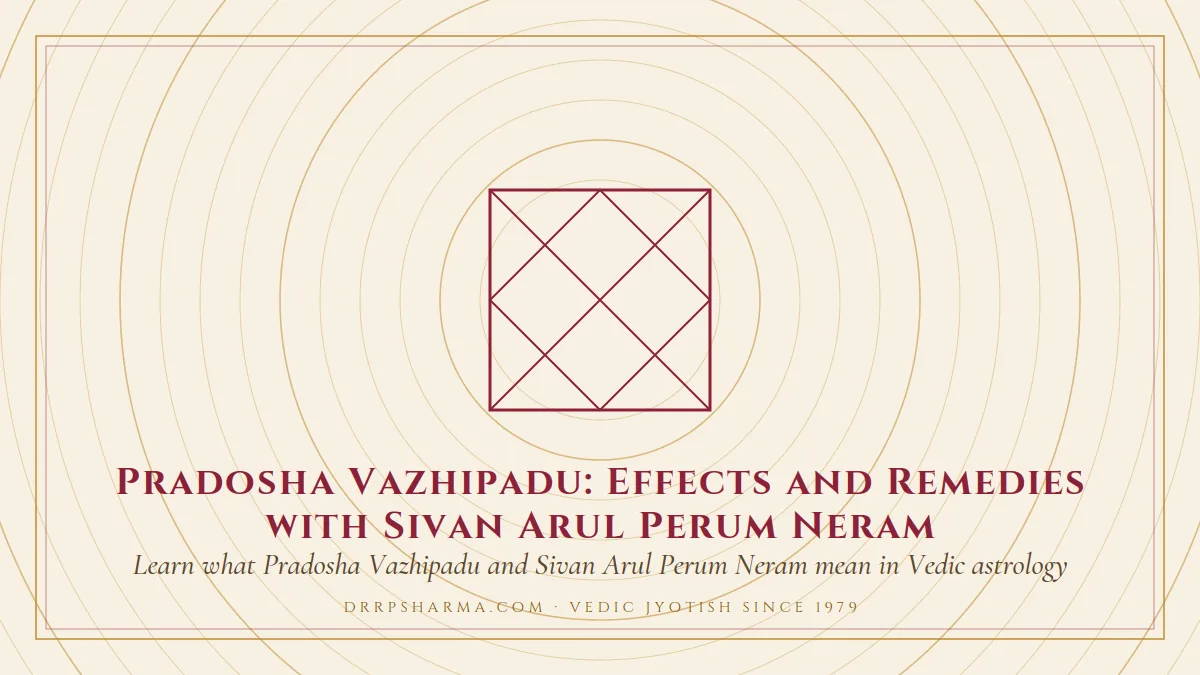 Pradosha Vazhipadu: Effects and Remedies with Sivan Arul Perum Neram — a Vedic birth-chart (kundli) diagram motif on a parchment plate