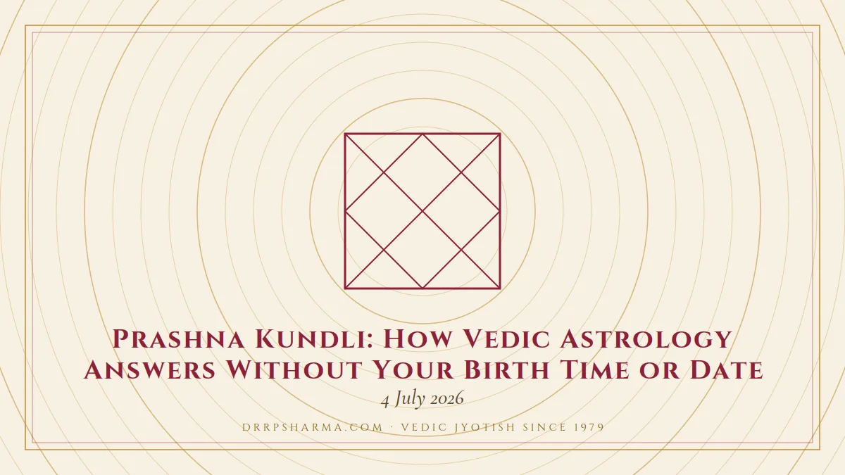 Prashna Kundli: How Vedic Astrology Answers Without Your Birth Time or Date — a Vedic birth-chart (kundli) diagram motif on a parchment plate