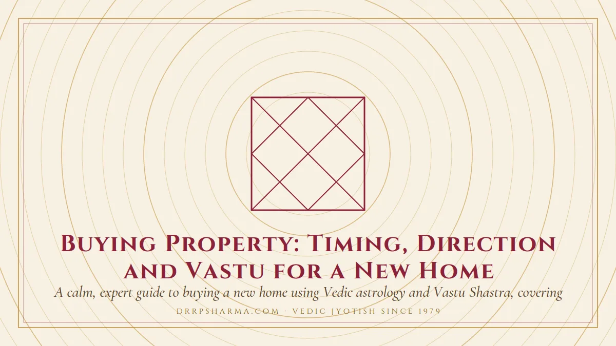 Buying Property: Timing, Direction and Vastu for a New Home — a Vedic birth-chart (kundli) diagram motif on a parchment plate