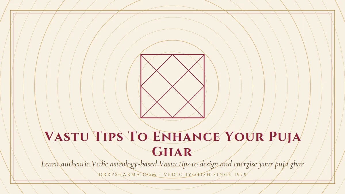 Vastu Tips To Enhance Your Puja room — a Vedic birth-chart (kundli) diagram motif on a parchment plate