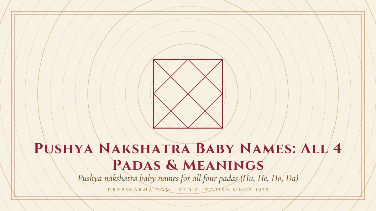 Pushya Nakshatra Baby Names: All 4 Padas & Meanings — a Vedic birth-chart (kundli) diagram motif on a parchment plate