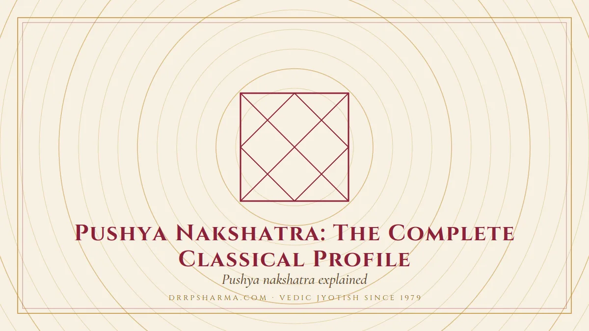Pushya Nakshatra: The Complete Classical Profile — a Vedic birth-chart (kundli) diagram motif on a parchment plate