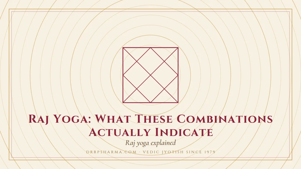 Raj Yoga: What These Combinations Actually Indicate — a Vedic birth-chart (kundli) diagram motif on a parchment plate