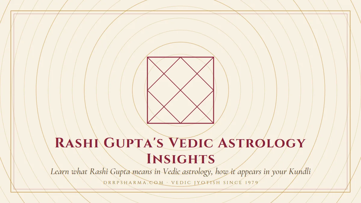 Rashi Gupta's Vedic Astrology Insights — a Vedic birth-chart (kundli) diagram motif on a parchment plate