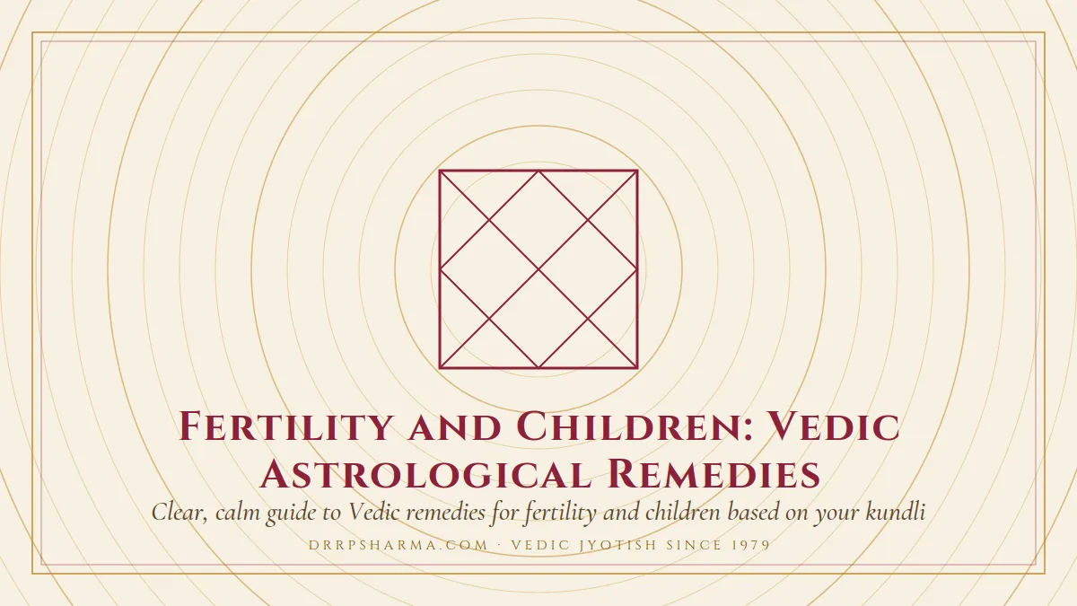 Fertility and Children: Vedic Astrological Remedies — a Vedic birth-chart (kundli) diagram motif on a parchment plate