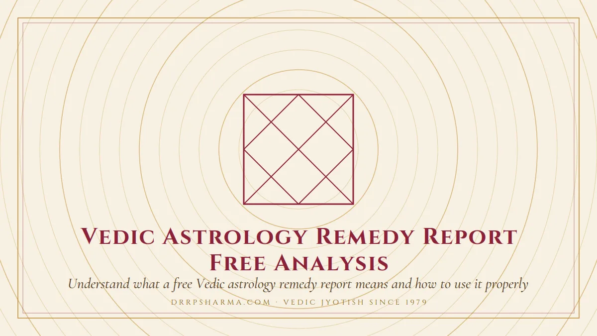 Vedic Astrology Remedy Report Free Analysis — a Vedic birth-chart (kundli) diagram motif on a parchment plate