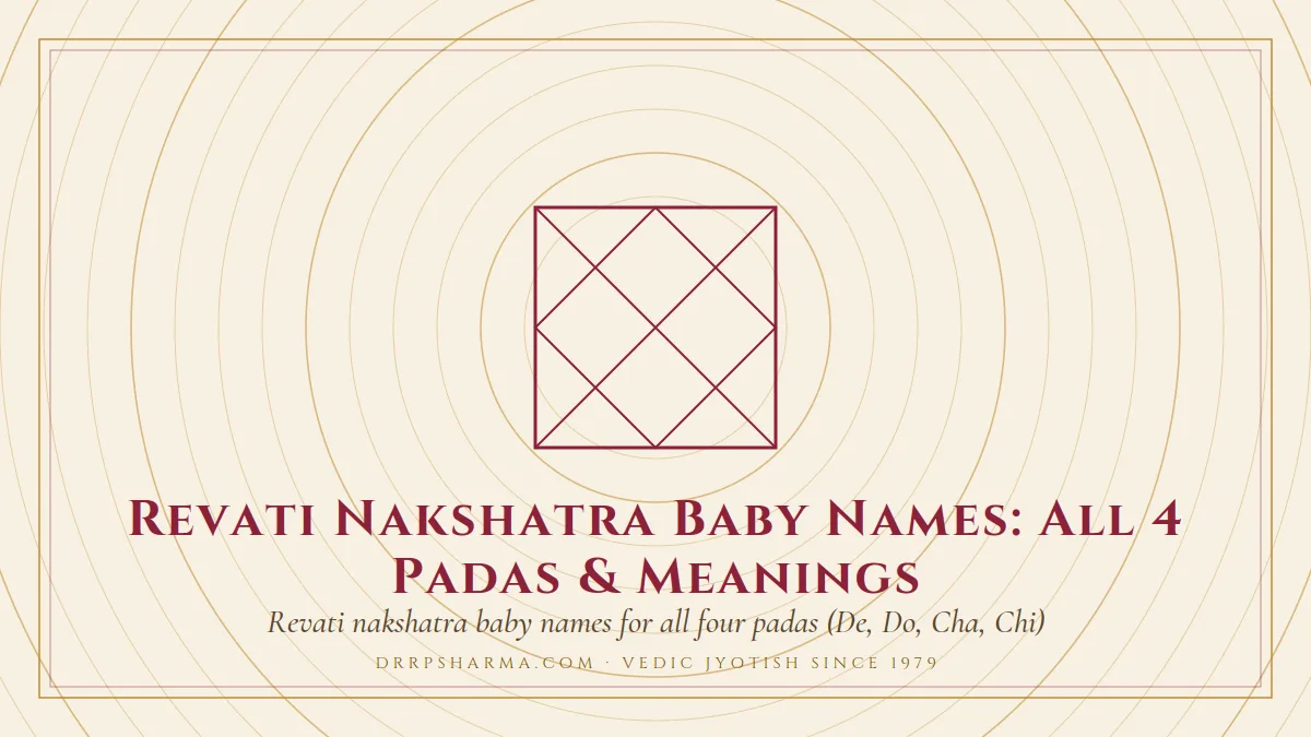 Revati Nakshatra Baby Names: All 4 Padas & Meanings — a Vedic birth-chart (kundli) diagram motif on a parchment plate