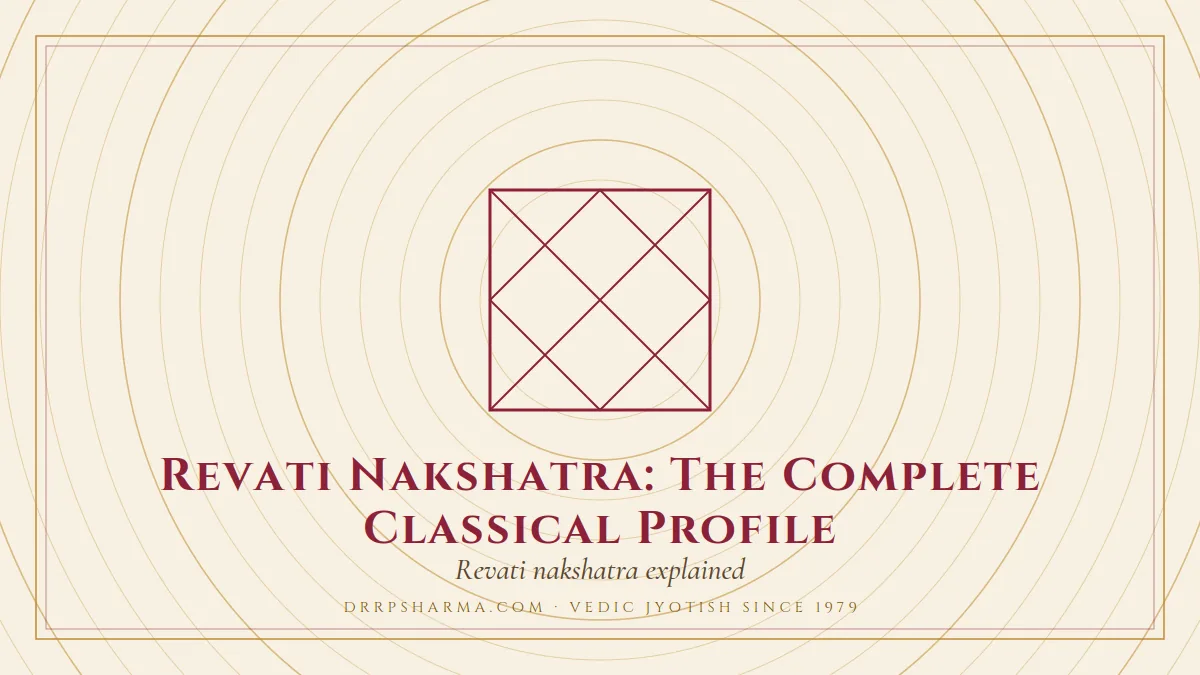 Revati Nakshatra: The Complete Classical Profile — a Vedic birth-chart (kundli) diagram motif on a parchment plate
