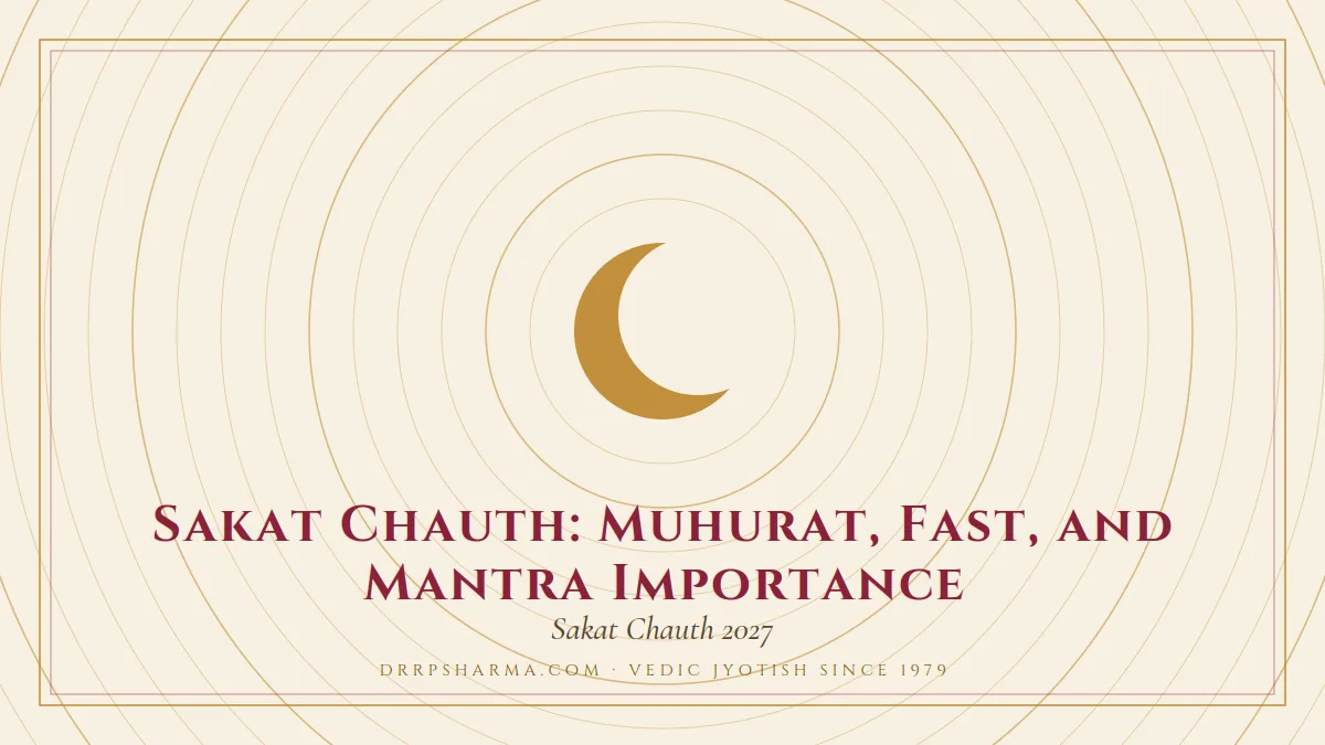 Sakat Chauth: Muhurat, Fast, and Mantra Importance — a gold crescent-moon motif on a parchment plate