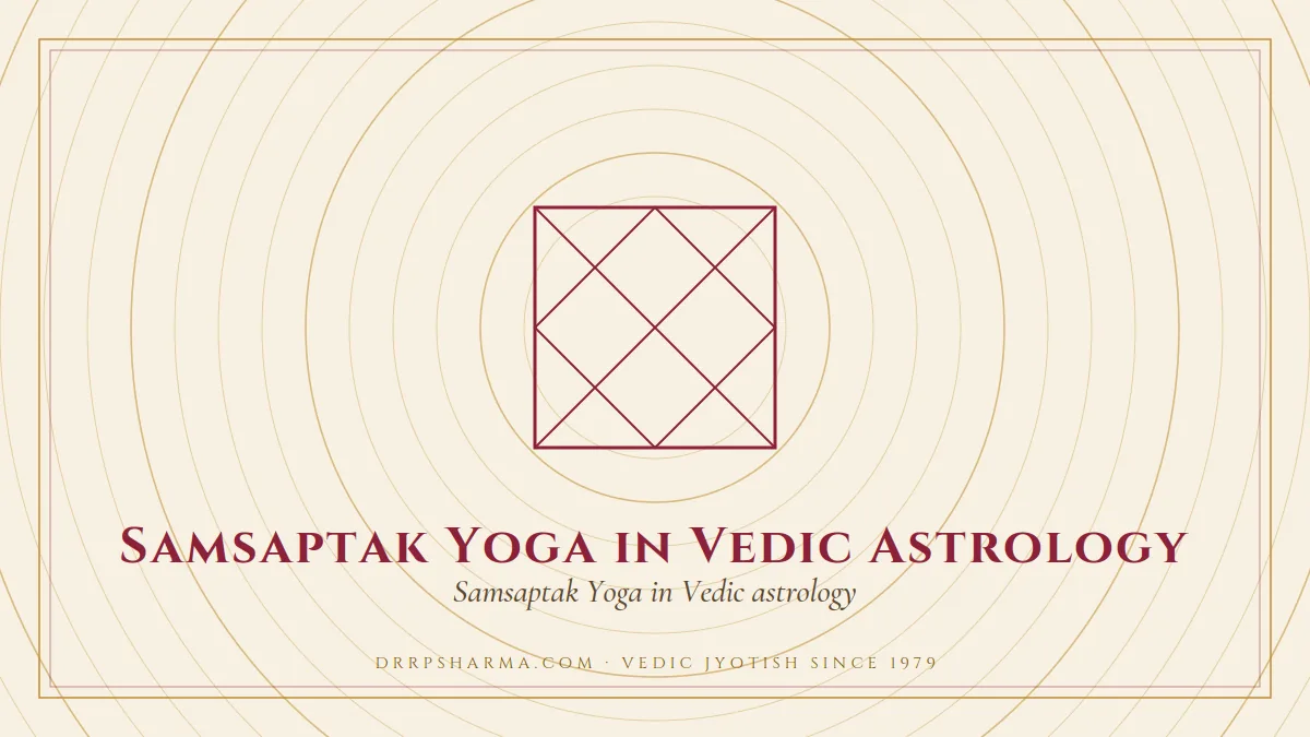 Samsaptak Yoga in Vedic Astrology — a Vedic birth-chart (kundli) diagram motif on a parchment plate