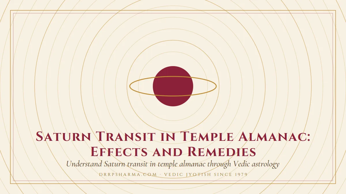 Saturn Transit in Temple Almanac: Effects and Remedies — a ringed-planet motif on a parchment plate