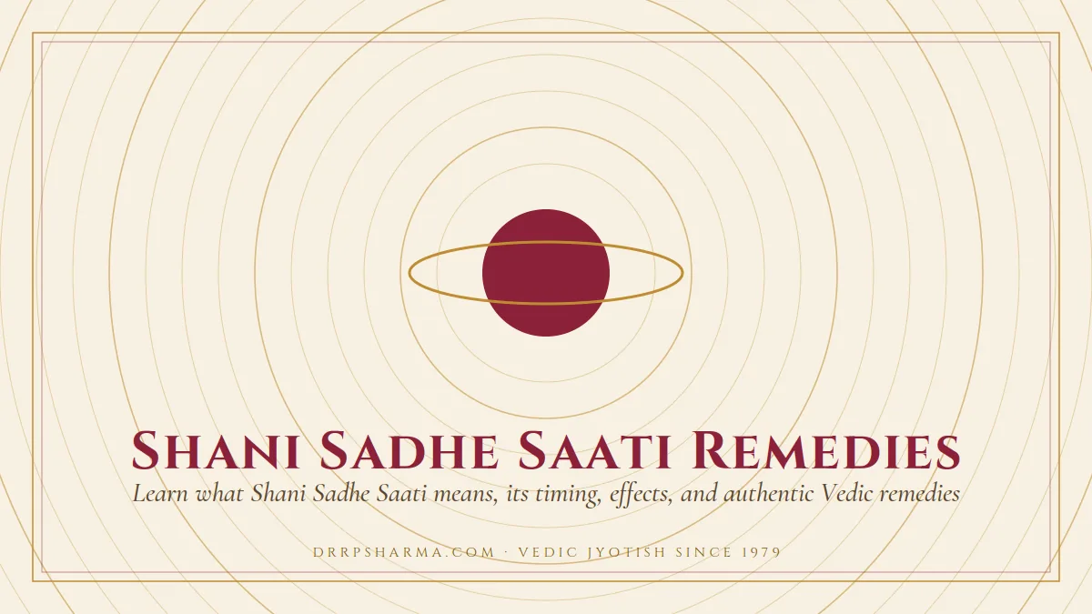 Shani Sadhe Saati Remedies — a ringed-planet motif on a parchment plate