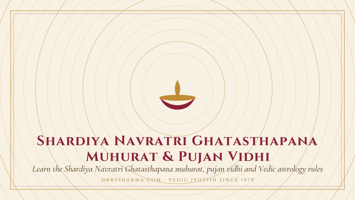 Shardiya Navratri Ghatasthapana Muhurat & Pujan Vidhi — a lit diya lamp motif on a parchment plate