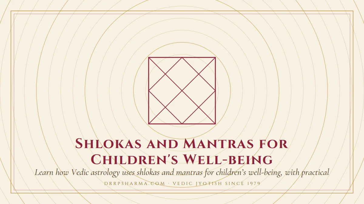 Shlokas and Mantras for Children's Well-being — a Vedic birth-chart (kundli) diagram motif on a parchment plate