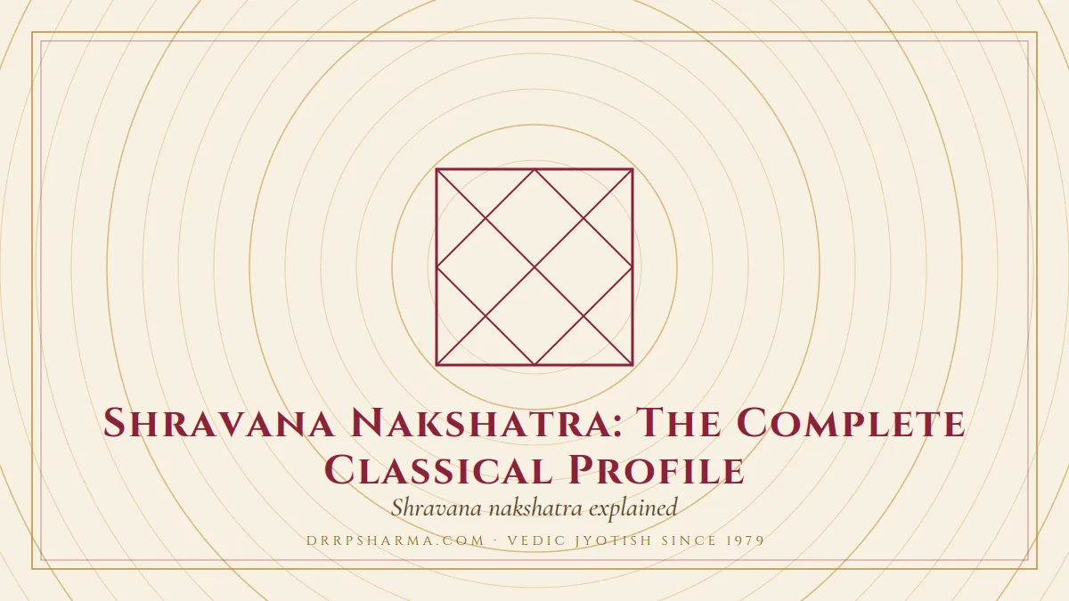 Shravana Nakshatra: The Complete Classical Profile — a Vedic birth-chart (kundli) diagram motif on a parchment plate