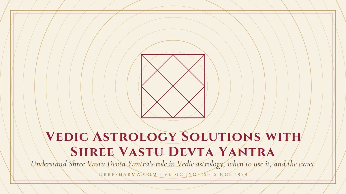 Vedic Astrology Solutions with Shree Vastu Devta Yantra — a Vedic birth-chart (kundli) diagram motif on a parchment plate