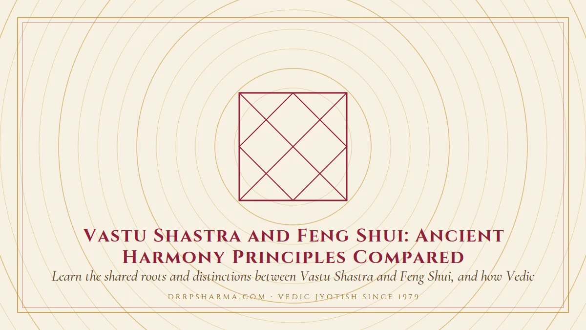 Vastu Shastra and Feng Shui: Ancient Harmony Principles Compared — a Vedic birth-chart (kundli) diagram motif on a parchment plate
