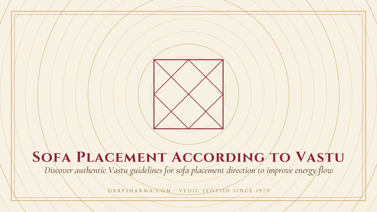 Sofa Placement According to Vastu — a Vedic birth-chart (kundli) diagram motif on a parchment plate