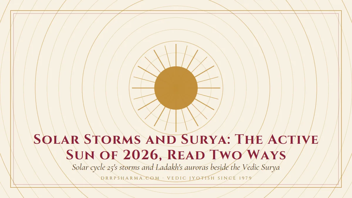Solar Storms and Surya: The Active Sun of 2026, Read Two Ways — a golden sun motif on a parchment plate