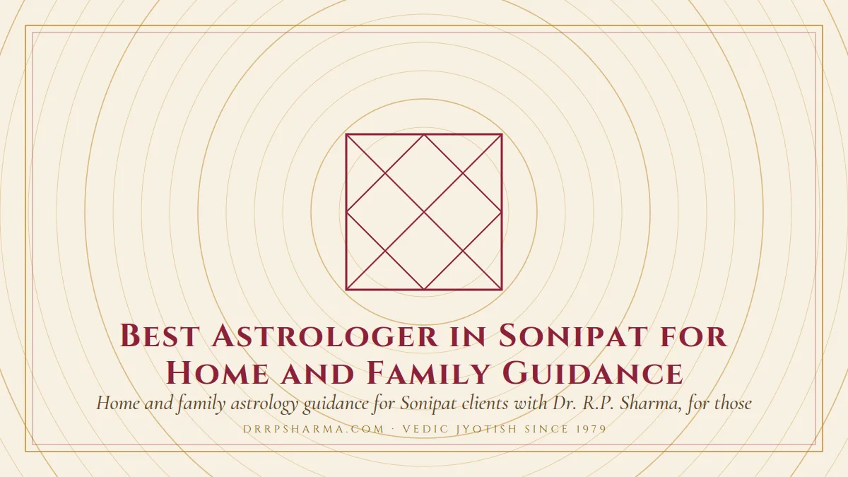 Best Astrologer in Sonipat for Home and Family Guidance — a Vedic birth-chart (kundli) diagram motif on a parchment plate