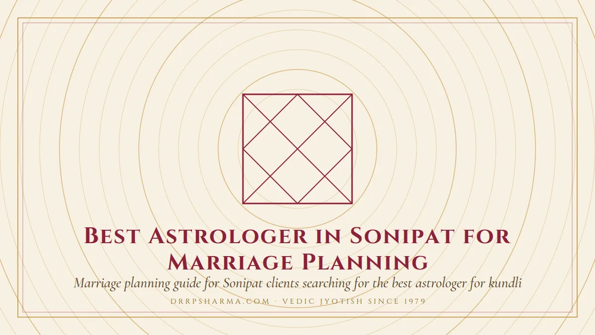 Best Astrologer in Sonipat for Marriage Planning — a Vedic birth-chart (kundli) diagram motif on a parchment plate