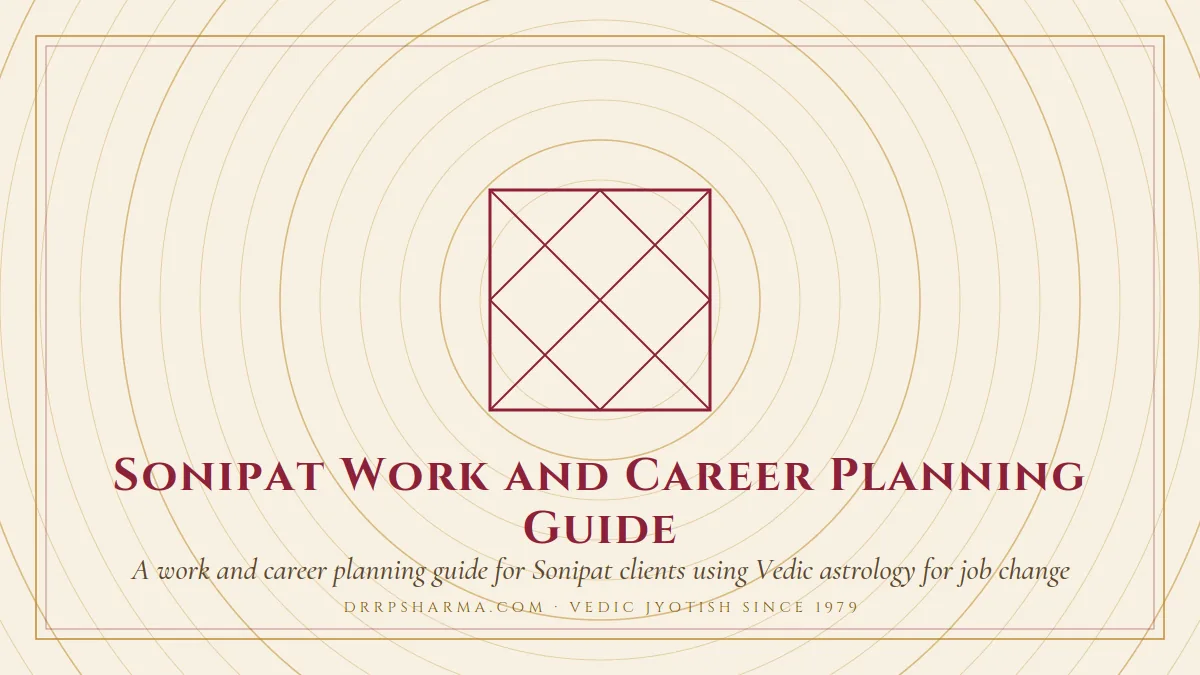 Sonipat Work and Career Planning Guide — a Vedic birth-chart (kundli) diagram motif on a parchment plate