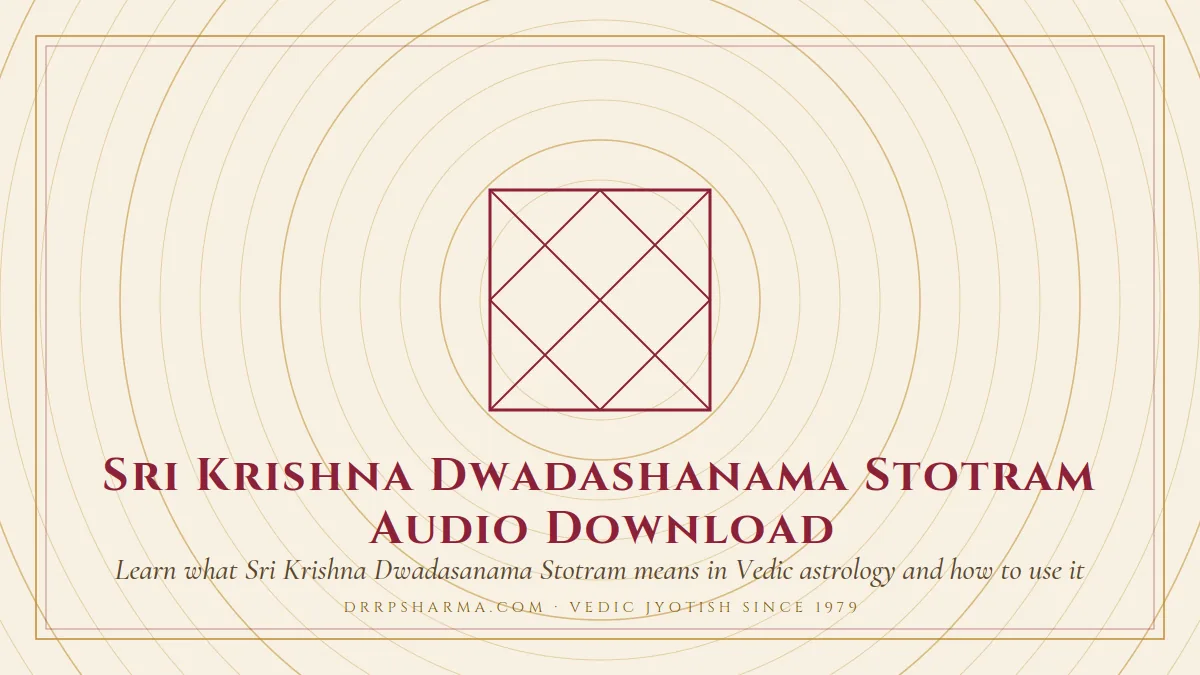Sri Krishna Dwadashanama Stotram Audio Download — a Vedic birth-chart (kundli) diagram motif on a parchment plate