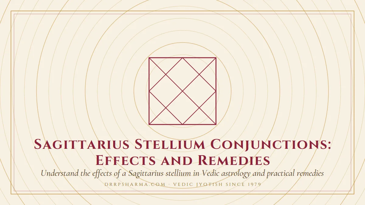 Sagittarius Stellium Conjunctions: Effects and Remedies — a Vedic birth-chart (kundli) diagram motif on a parchment plate