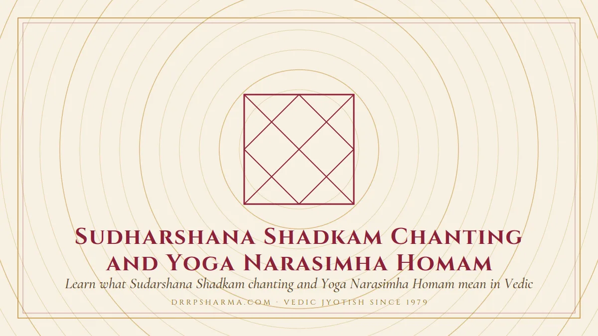 Sudharshana Shadkam Chanting and Yoga Narasimha Homam — a Vedic birth-chart (kundli) diagram motif on a parchment plate