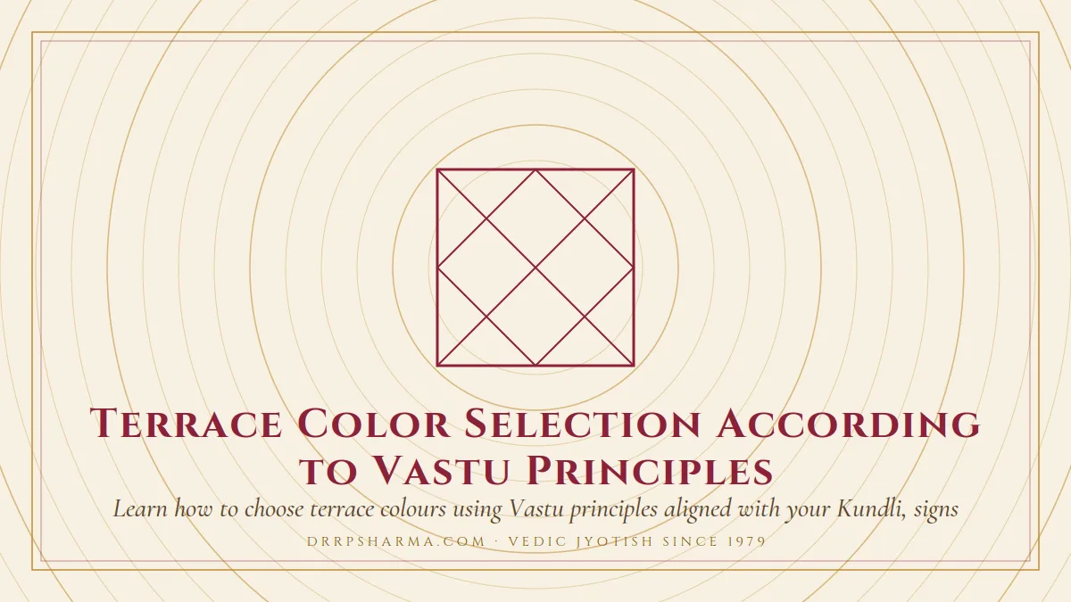 Terrace Color Selection According to Vastu Principles — a Vedic birth-chart (kundli) diagram motif on a parchment plate