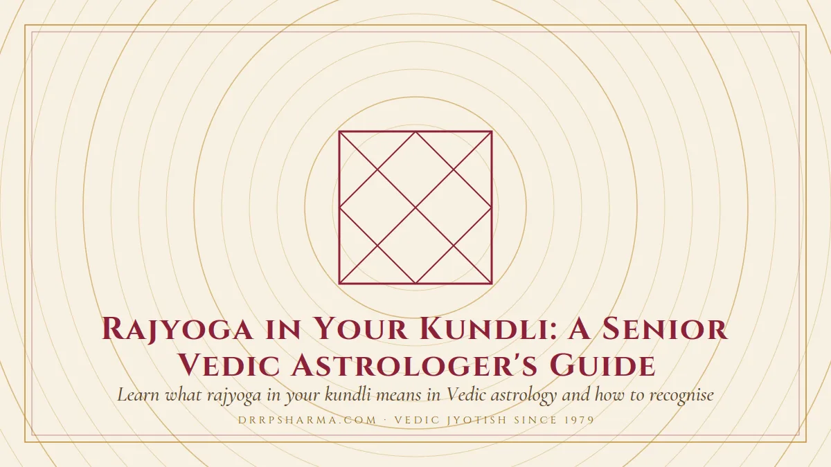 The Secret of Raj Yoga in Your Kundli — a Vedic birth-chart (kundli) diagram motif on a parchment plate