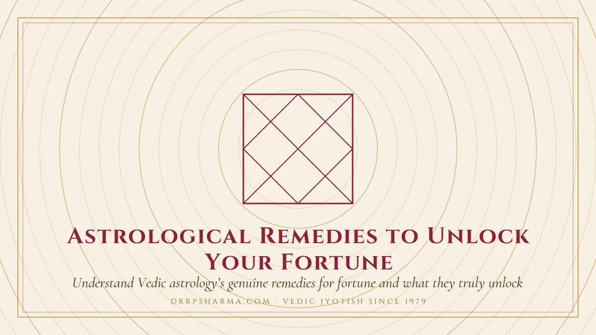 Astrological Remedies to Unlock Your Fortune — a Vedic birth-chart (kundli) diagram motif on a parchment plate
