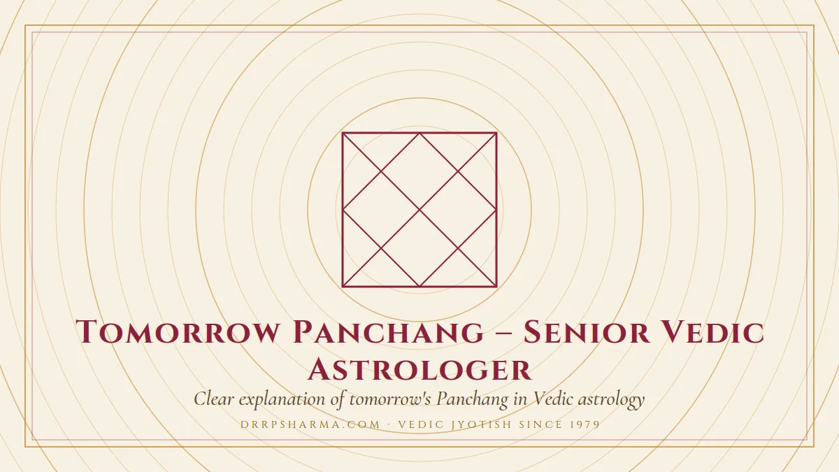 Tomorrow Panchang – Senior Vedic Astrologer — a Vedic birth-chart (kundli) diagram motif on a parchment plate
