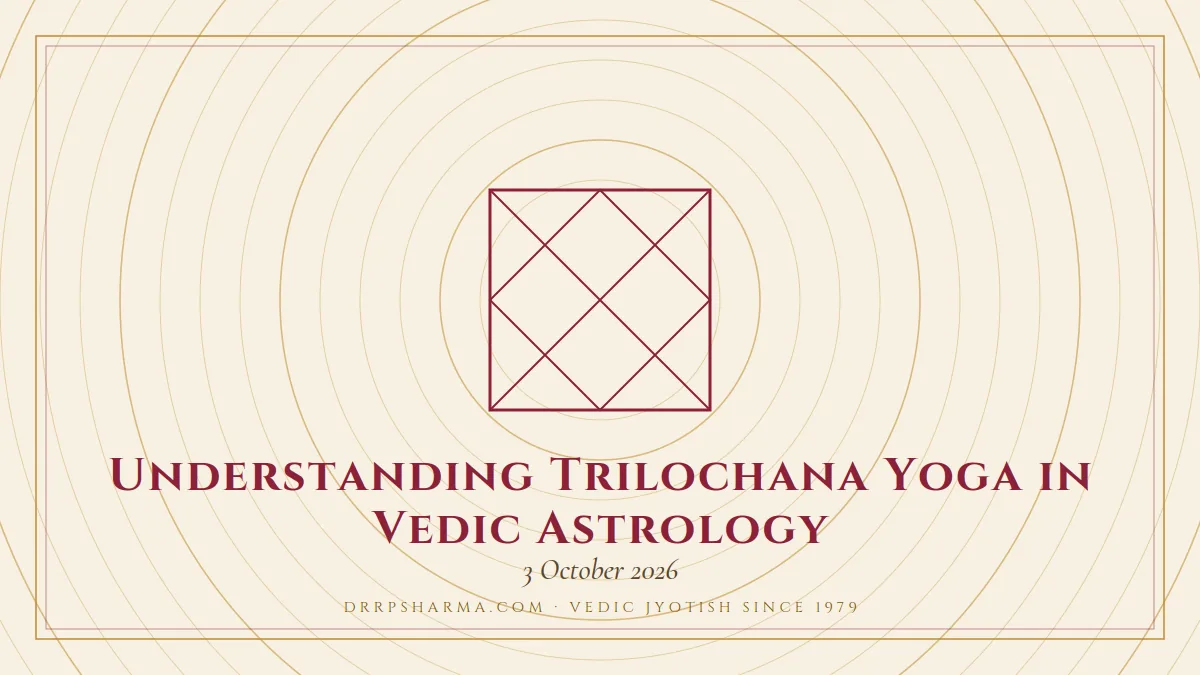 Trilochana Yoga — a Vedic birth-chart (kundli) diagram motif on a parchment plate