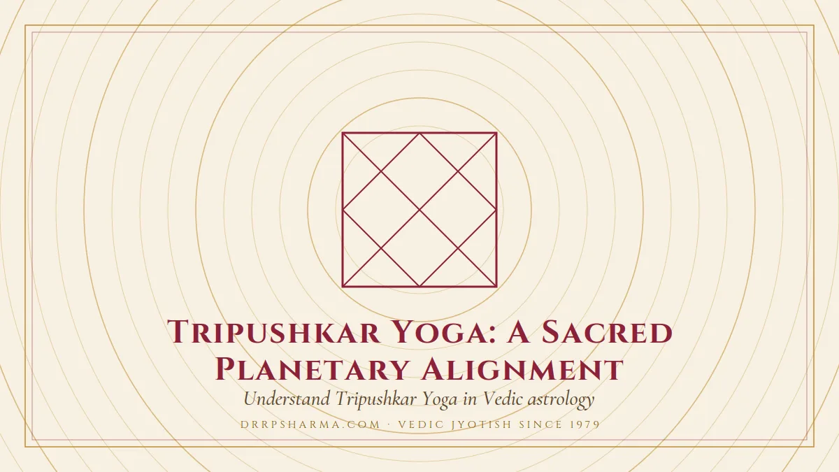 Tripushkar Yoga — a Vedic birth-chart (kundli) diagram motif on a parchment plate