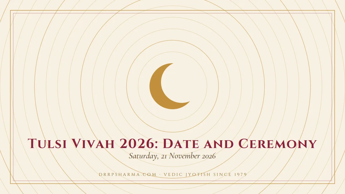 Tulsi Vivah 2026: Date and Ceremony — a gold crescent-moon motif on a parchment plate