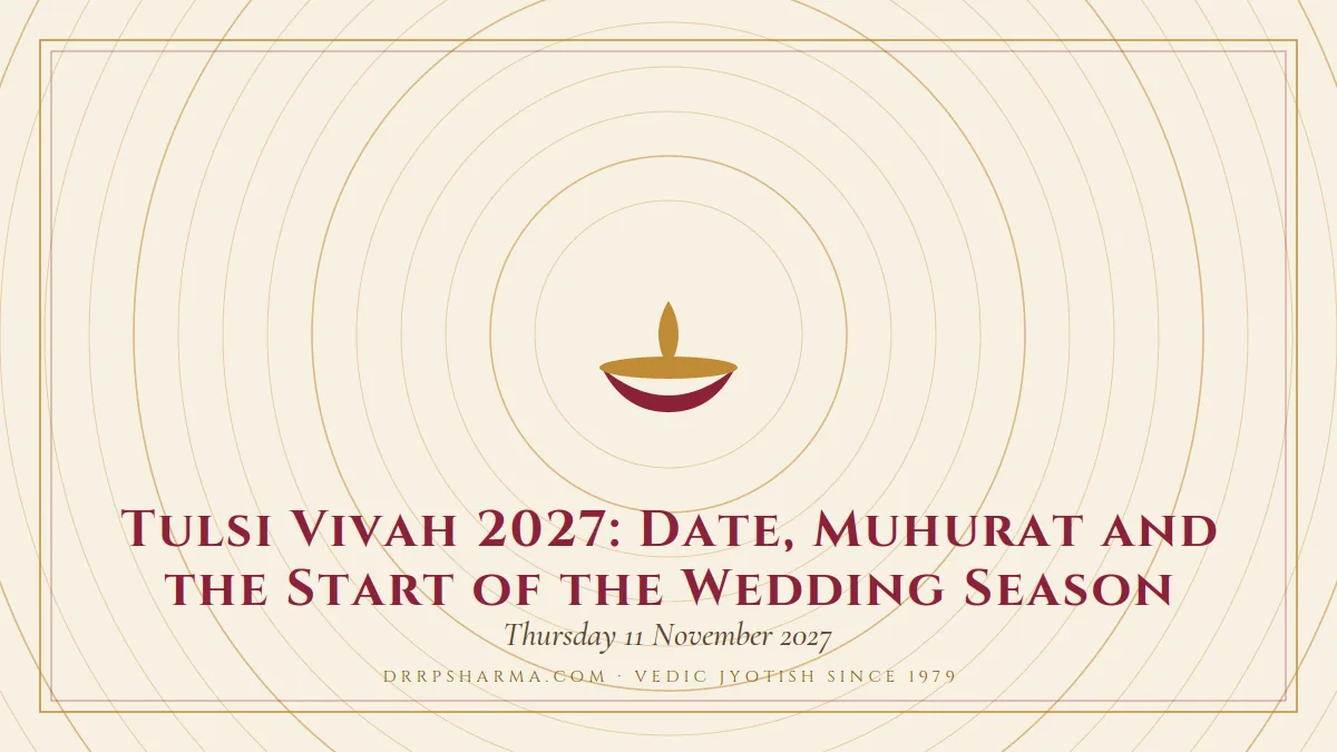 Tulsi Vivah 2027: Date, Muhurat and the Start of the Wedding Season — a lit diya lamp motif on a parchment plate