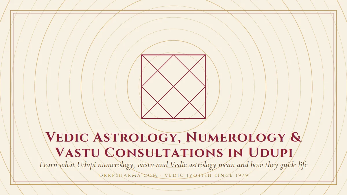 Vedic Astrology, Numerology & Vastu Consultations in Udupi — a Vedic birth-chart (kundli) diagram motif on a parchment plate
