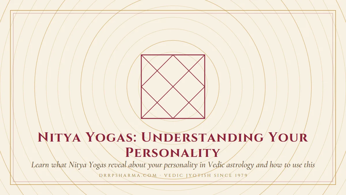 Nitya Yogas: Understanding Your Personality — a Vedic birth-chart (kundli) diagram motif on a parchment plate