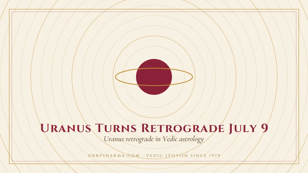 Uranus Turns Retrograde July 9 — a ringed-planet motif on a parchment plate