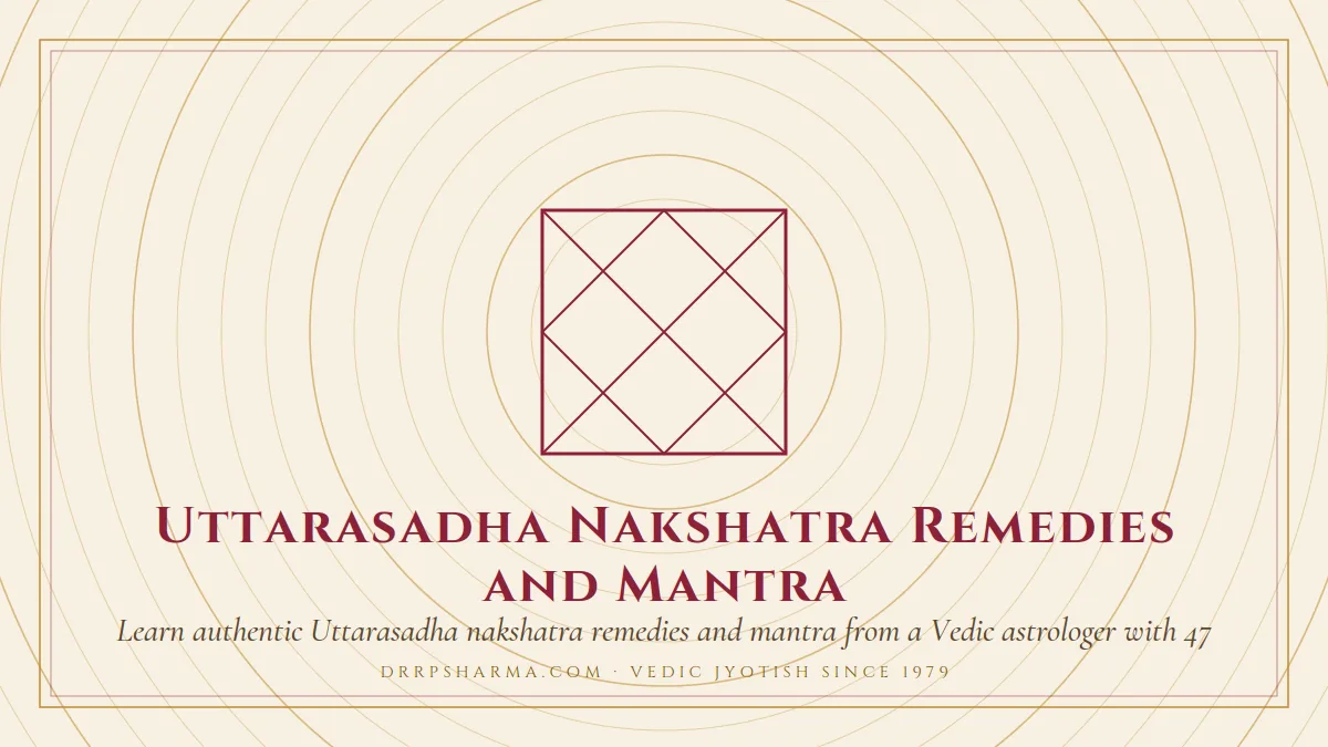 Uttarasadha Nakshatra Remedies and Mantra — a Vedic birth-chart (kundli) diagram motif on a parchment plate