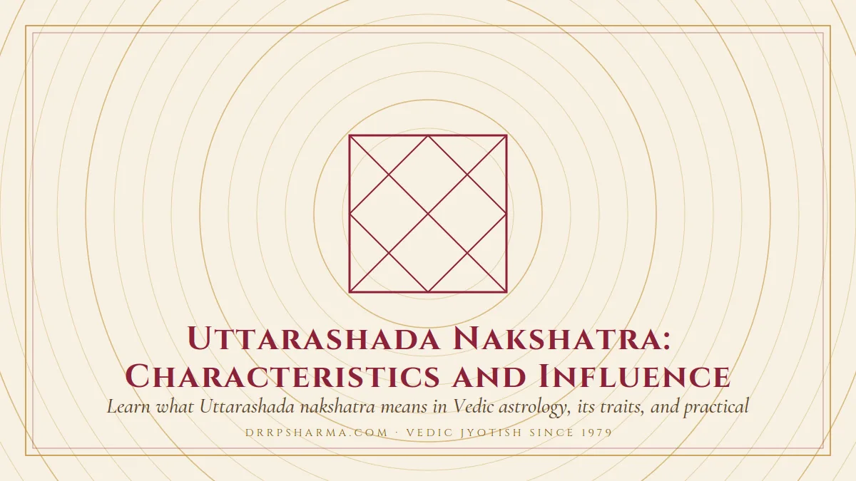 Uttarashada Nakshatra: Characteristics and Influence — a Vedic birth-chart (kundli) diagram motif on a parchment plate