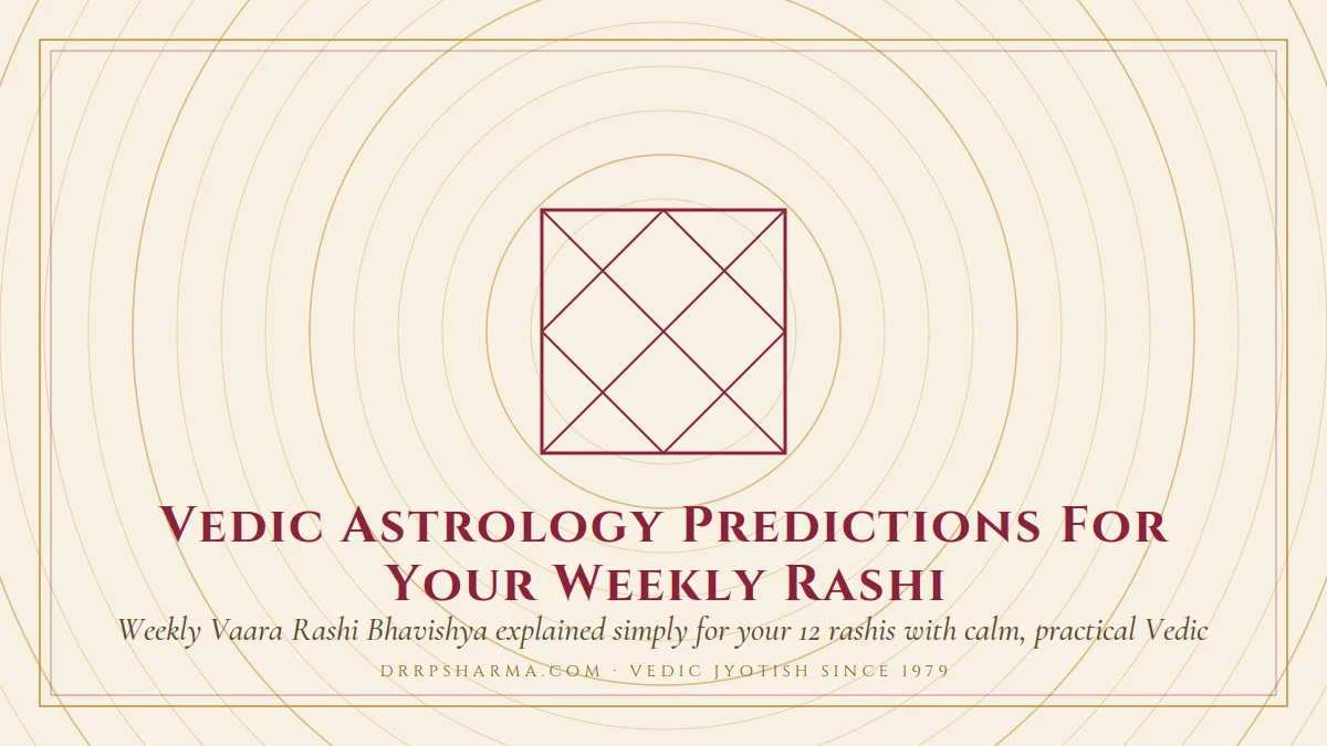 Vedic Astrology Predictions For Your Weekly Rashi — a Vedic birth-chart (kundli) diagram motif on a parchment plate