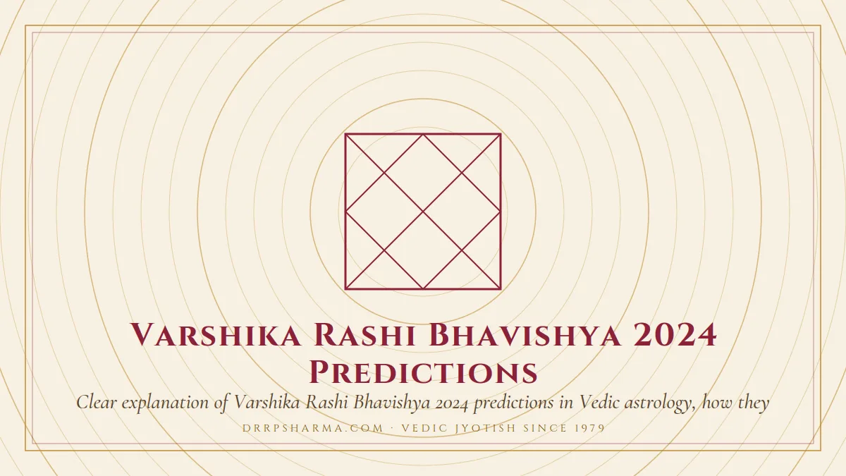 Varshika Rashi Bhavishya 2024 Predictions — a Vedic birth-chart (kundli) diagram motif on a parchment plate