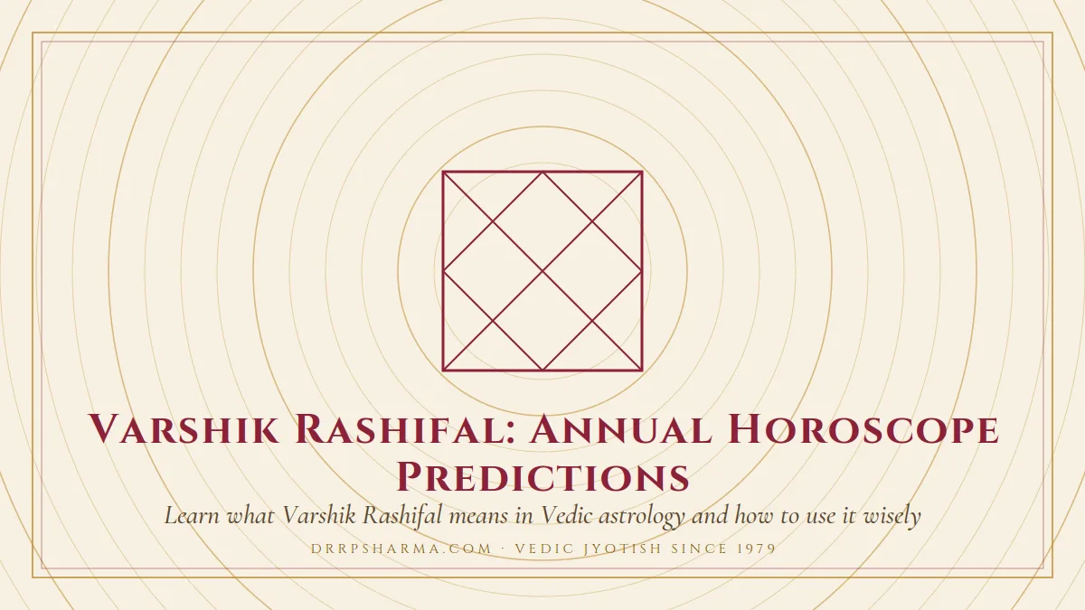 Varshik Rashifal: Annual Horoscope Predictions — a Vedic birth-chart (kundli) diagram motif on a parchment plate