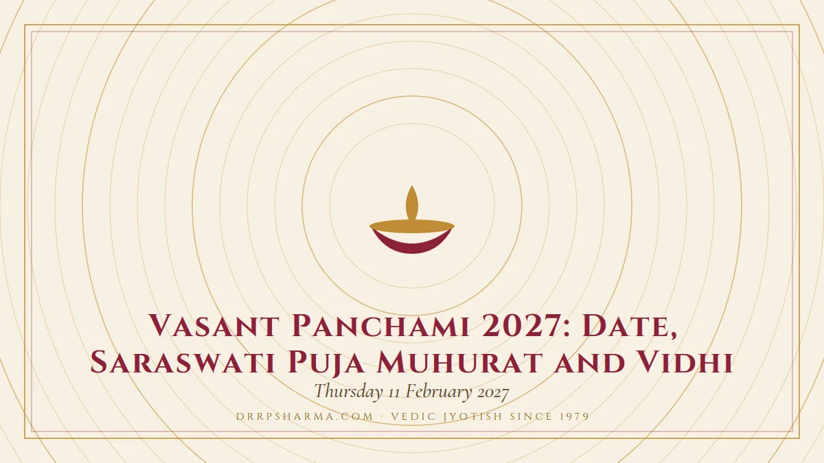 Vasant Panchami 2027: Date, Saraswati Puja Muhurat and Vidhi — a lit diya lamp motif on a parchment plate