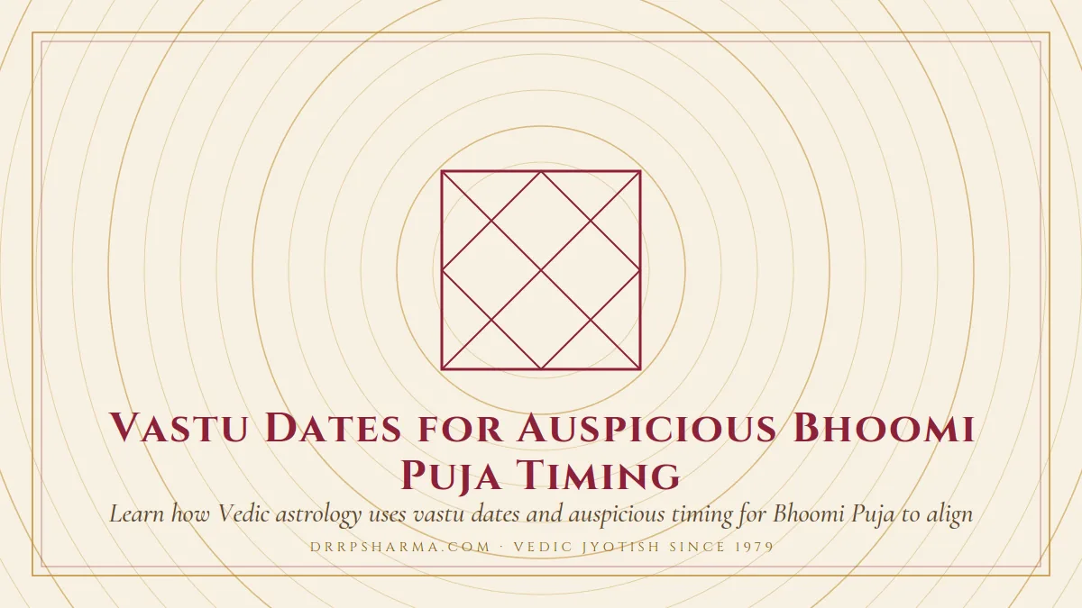 Vastu Dates for Auspicious Bhoomi Puja Timing — a Vedic birth-chart (kundli) diagram motif on a parchment plate