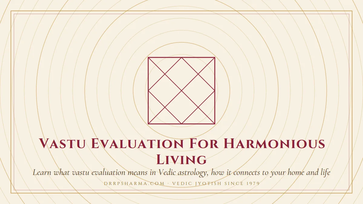 Vastu Evaluation For Harmonious Living — a Vedic birth-chart (kundli) diagram motif on a parchment plate