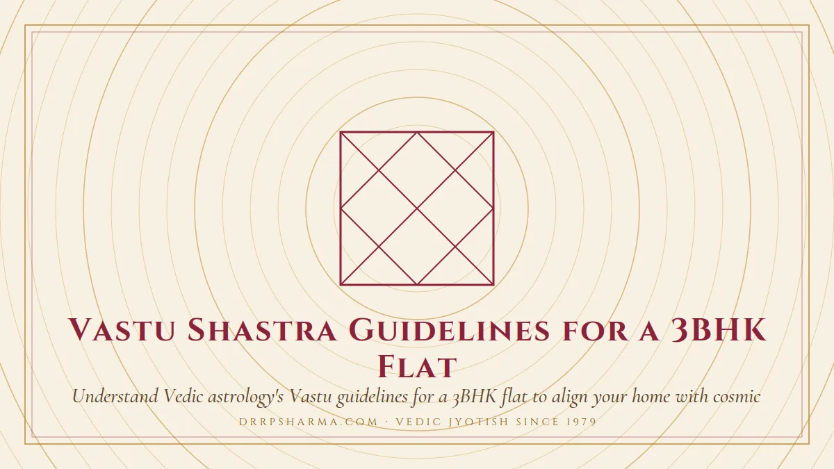 Vastu Shastra Guidelines for a 3BHK Flat — a Vedic birth-chart (kundli) diagram motif on a parchment plate
